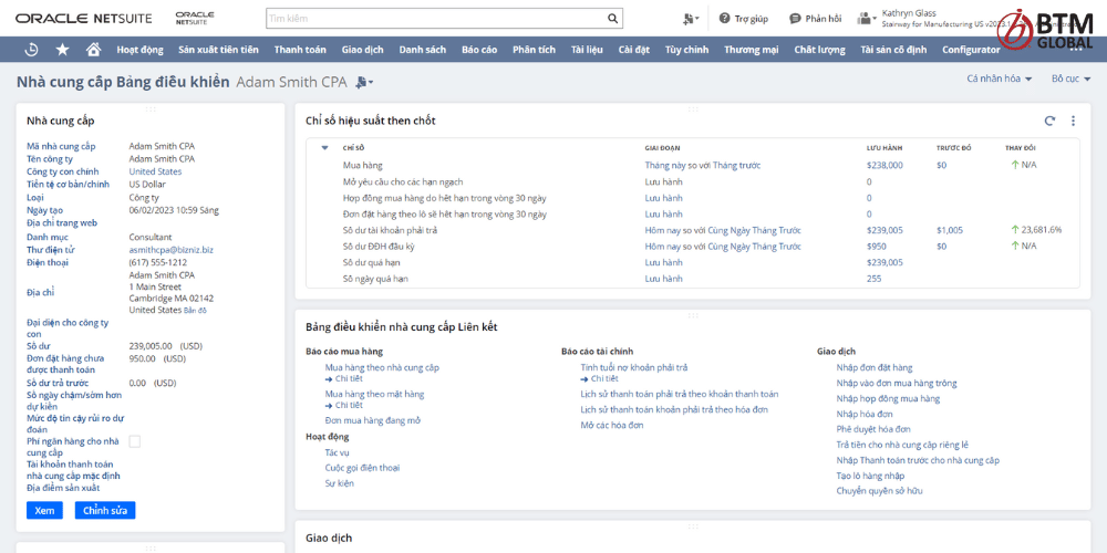 Màn hình theo dõi 360 độ Nhà cung cấp của Oracle NetSuite: nơi cung cấp đầy đủ mọi thông tin từ tổng quát đến chi tiết của một Vendor